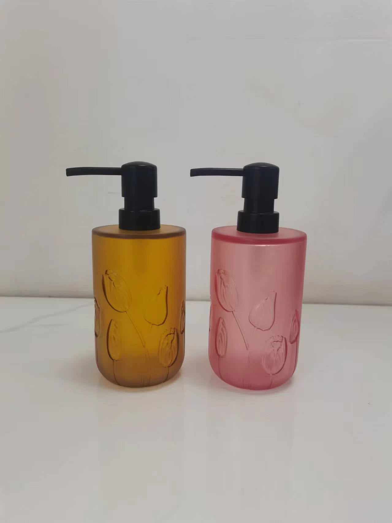 “Early Morning Glow - Embossed Small Flower Clear Lotion Bottle - Mini Garden on Dresser”