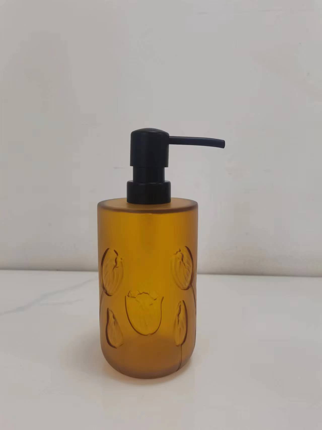 “Early Morning Glow - Embossed Small Flower Clear Lotion Bottle - Mini Garden on Dresser”