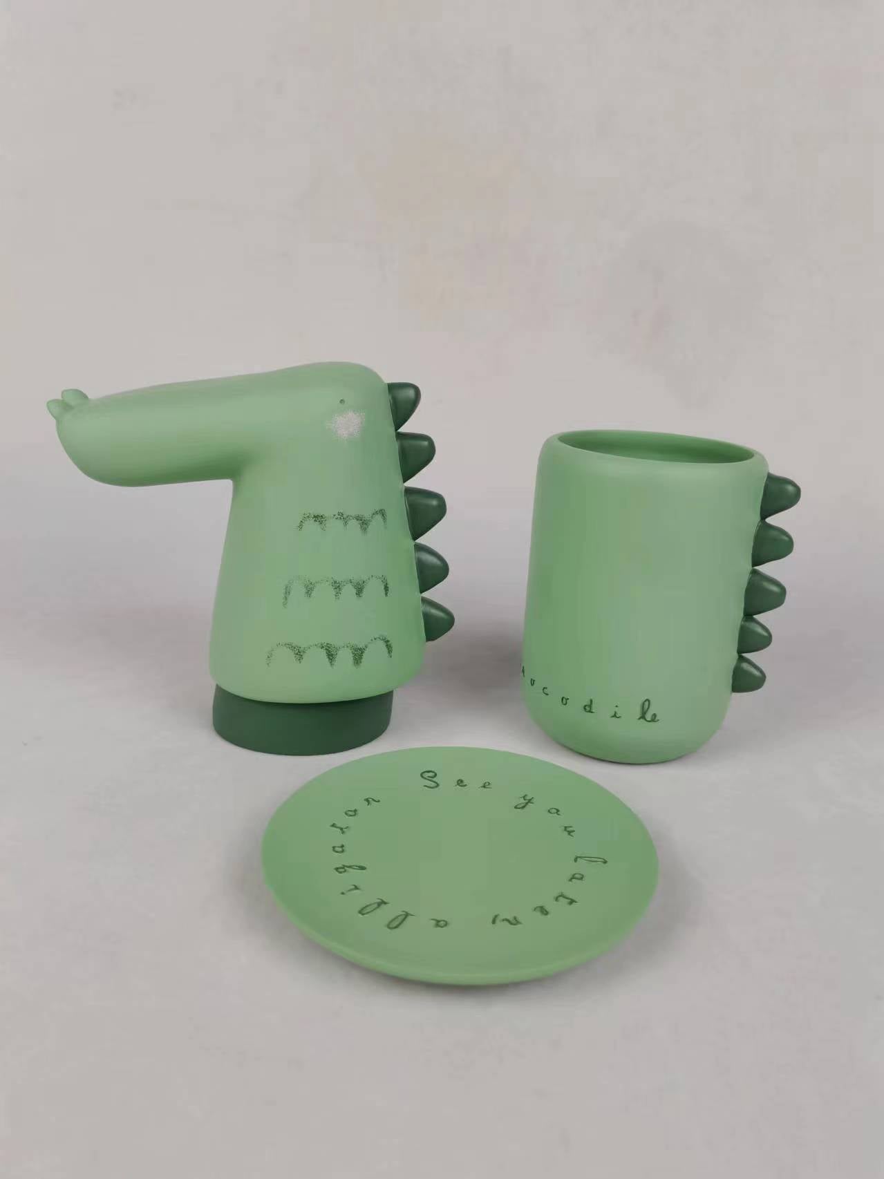 “Cute Little Dinosaur Bath and Shower Set | Kids Moisturizing Lotion Bottle + Mouthwash Cup + Soap Dish