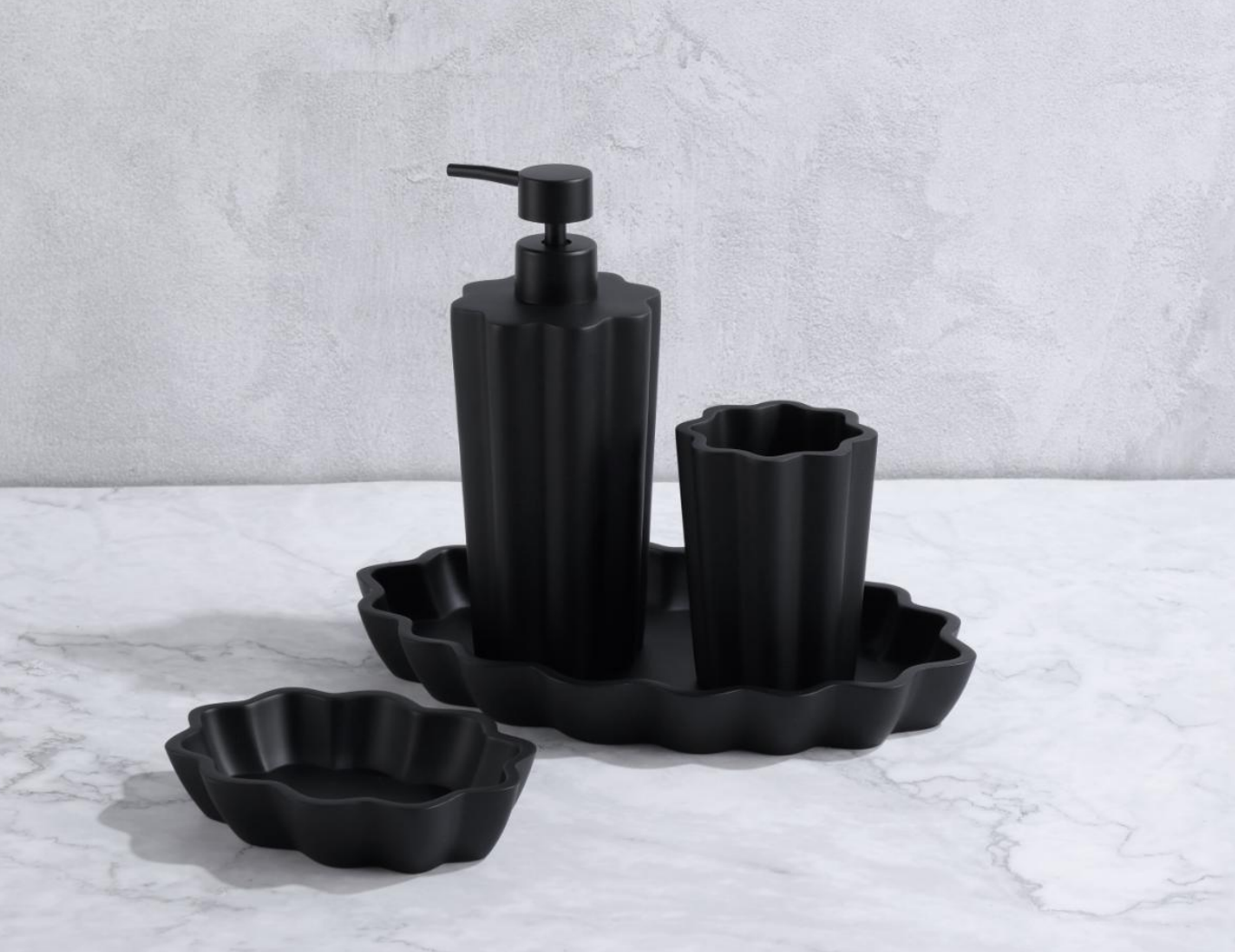 Ink Shadow - Dark Surge | Matte Black Lacquer Wave Pattern Resin Bathroom Set
