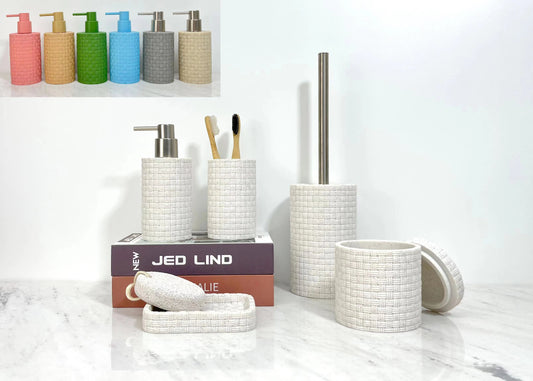 Linen Knot Embossed White] Hand-Woven Textured Bathroom Set