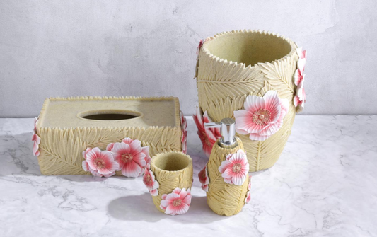 “Warm Sun and Flower” Embossed Cherry Blossom Resin Bathroom Set｜