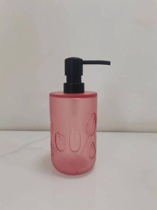 “Early Morning Glow - Embossed Small Flower Clear Lotion Bottle - Mini Garden on Dresser”