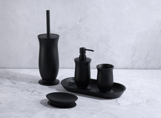 “Ink Night Gilt” Matte Black Lacquer Embossed Resin Bathroom Set