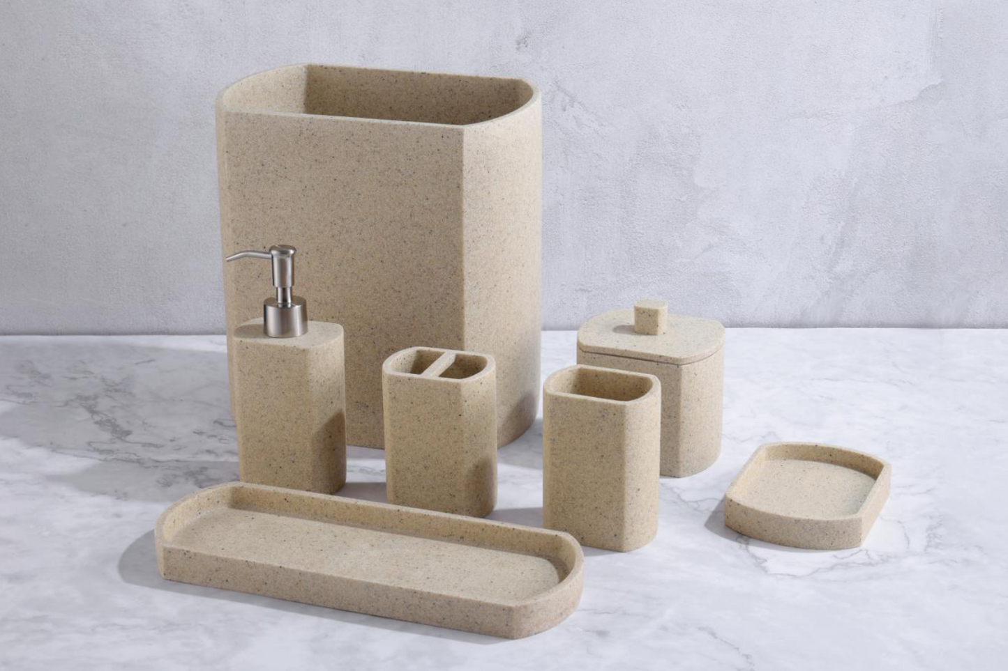 “Obsidian Sand Secret” Sandstone Texture Resin Bathroom 7-Piece Set｜This is a set of 7-piece bathroom set